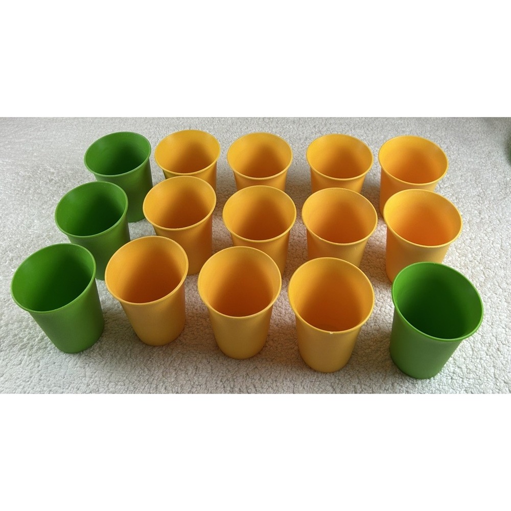 Vintage Tupperware Bell Tumblers Set of 15 Green Yellow Cups Made in USA *READ*